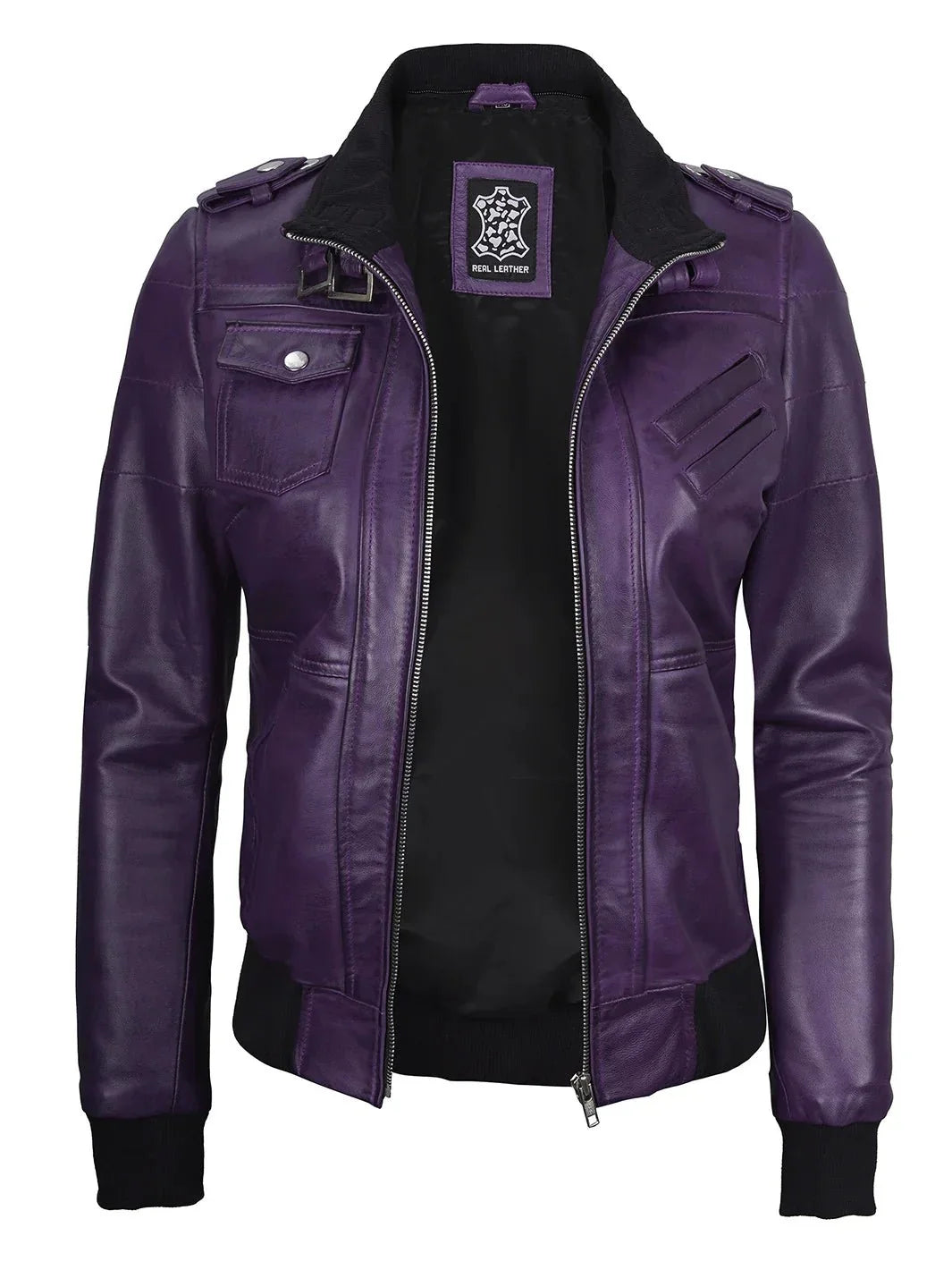 Women's Purple Real Leather Jacket with Removable Hood - Rare Leather