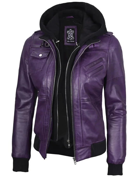 Women's Purple Real Leather Jacket with Removable Hood - Vox Leather