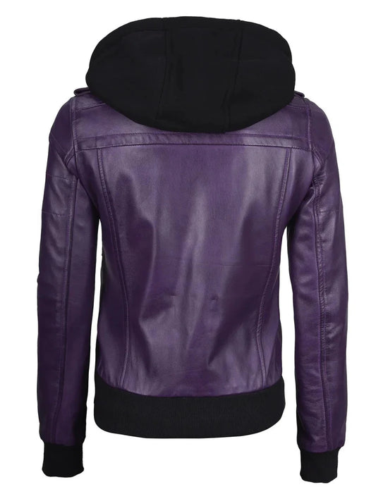 Women's Purple Real Leather Jacket with Removable Hood - Vox Leather