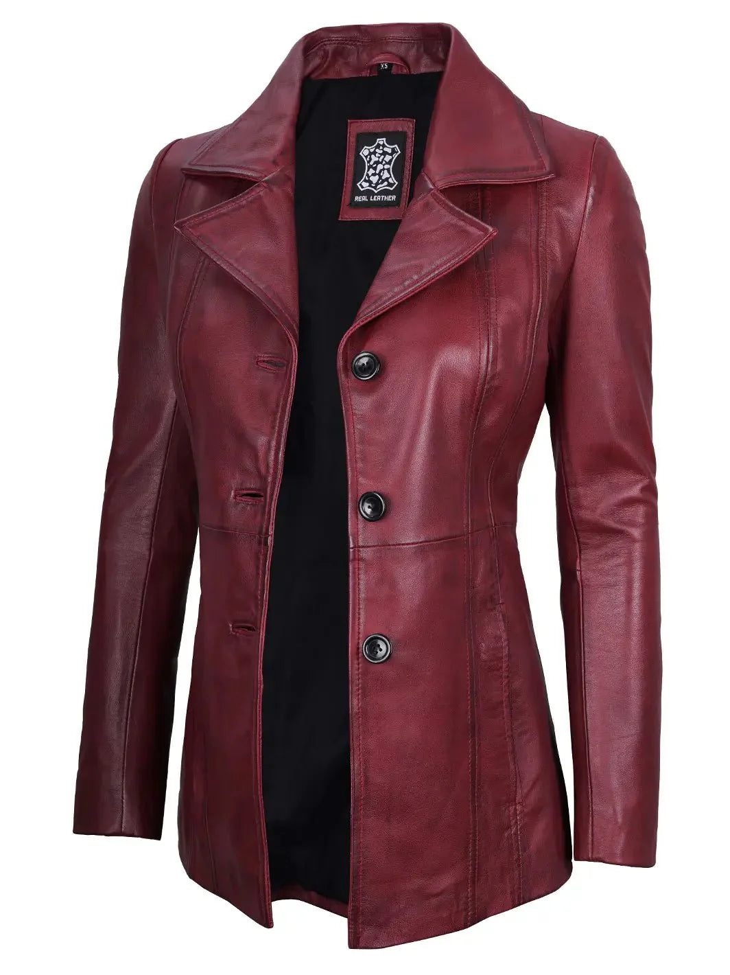 Women's Real Leather Burgundy Blazer with Three Button - Rare Leather
