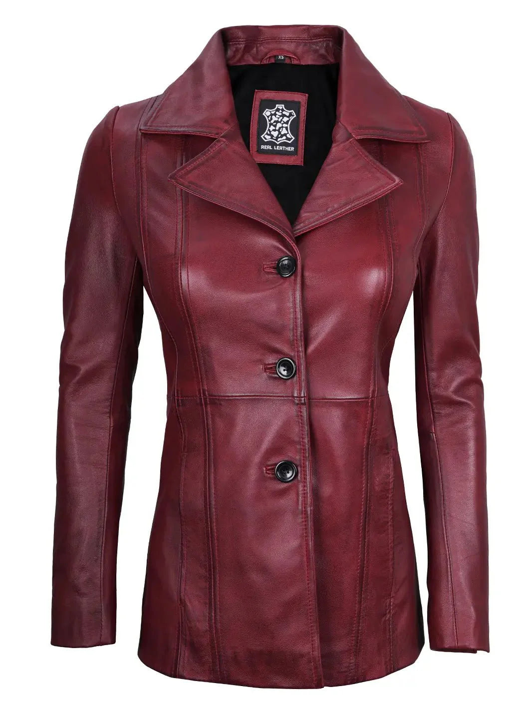 Women's Real Leather Burgundy Blazer with Three Button - Rare Leather