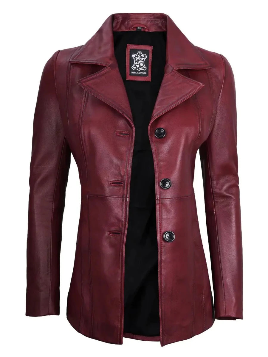 Women's Real Leather Burgundy Blazer with Three Button - Vox Leather