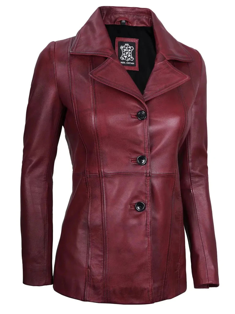 Women's Real Leather Burgundy Blazer with Three Button - Vox Leather
