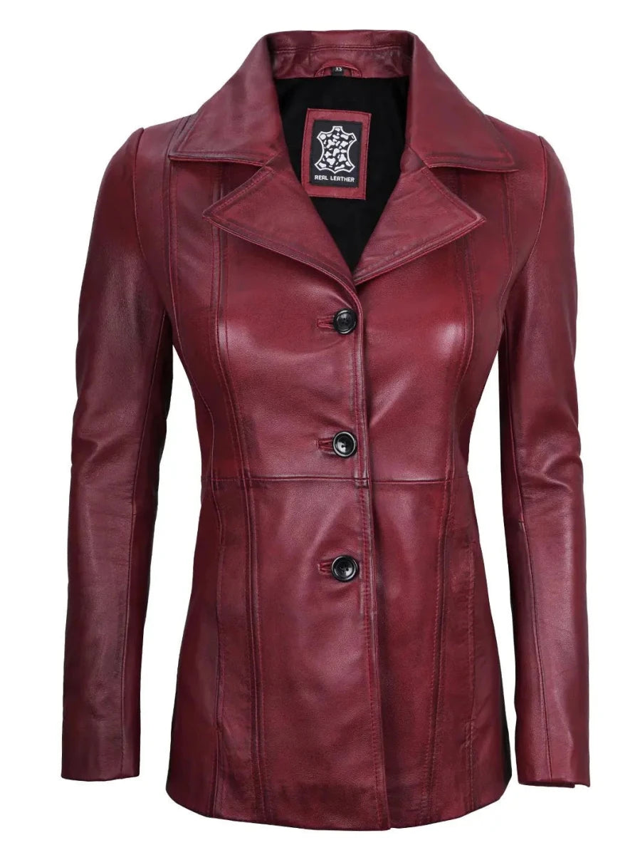 Women's Real Leather Burgundy Blazer with Three Button - Vox Leather