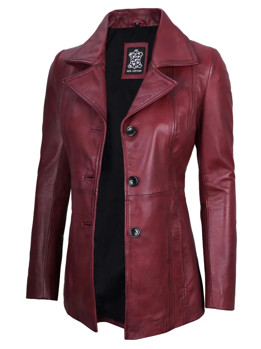 Women's Real Leather Burgundy Blazer with Three Button - Vox Leather