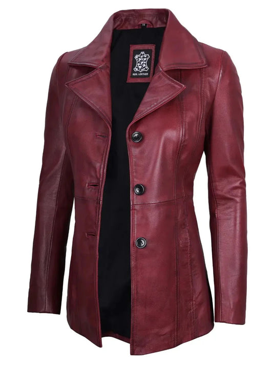 Women's Real Leather Burgundy Blazer with Three Button - Vox Leather