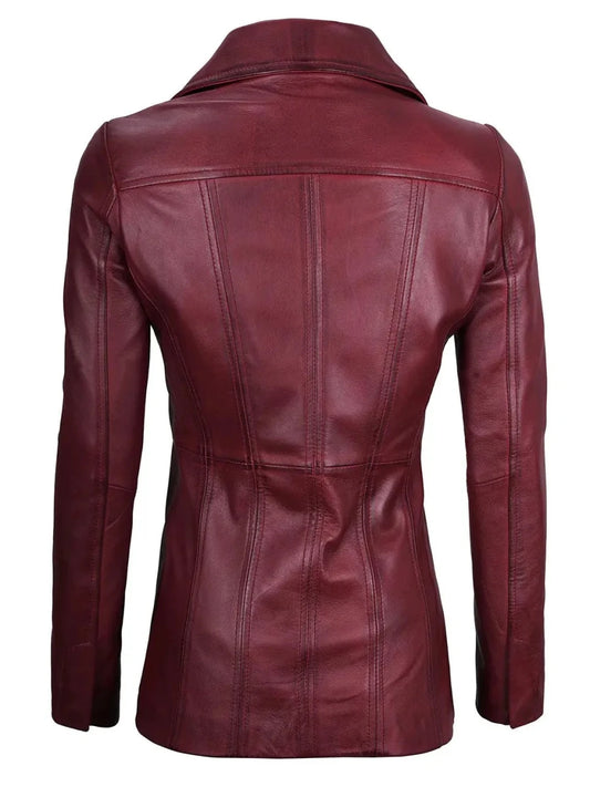 Women's Real Leather Burgundy Blazer with Three Button - Vox Leather