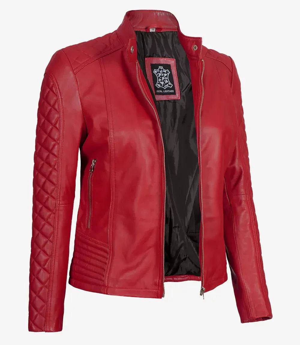 Womens Red Quilted Cafe Racer Leather Jacket - Rare Leather