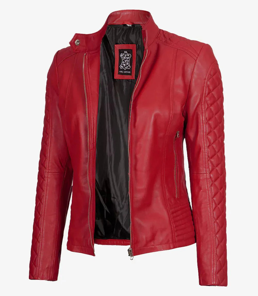 Womens Red Quilted Cafe Racer Leather Jacket - Rare Leather