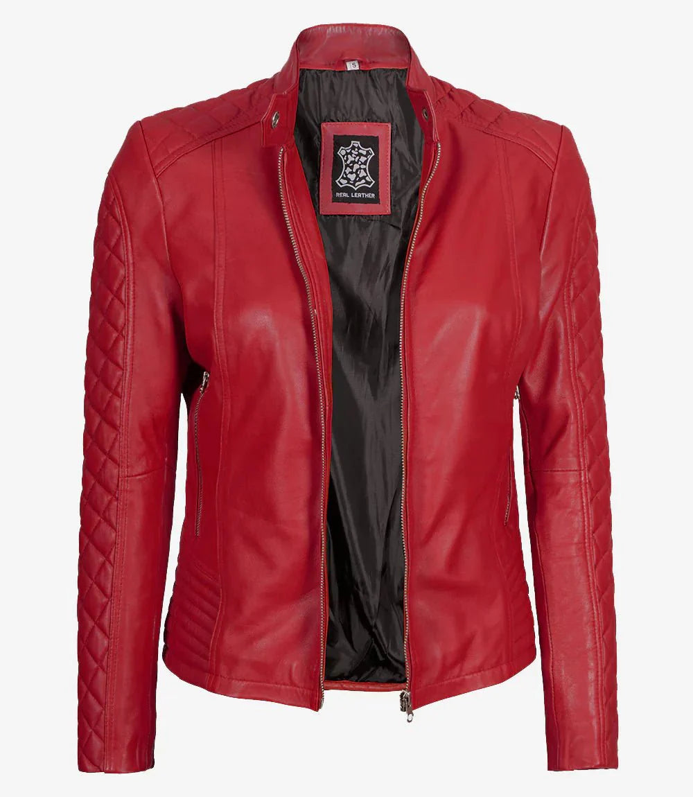 Womens Red Quilted Cafe Racer Leather Jacket - Rare Leather