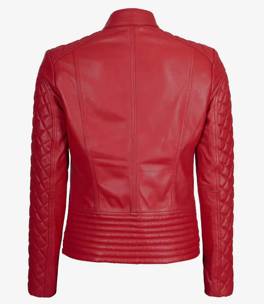 Womens Red Quilted Cafe Racer Leather Jacket - Rare Leather