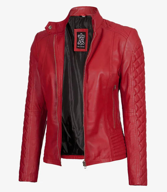 Womens Red Quilted Cafe Racer Leather Jacket - Vox Leather