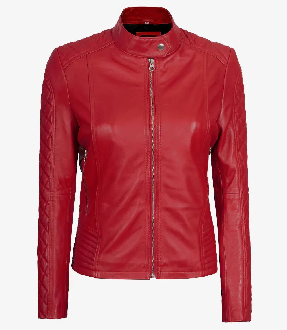Womens Red Quilted Cafe Racer Leather Jacket - Vox Leather