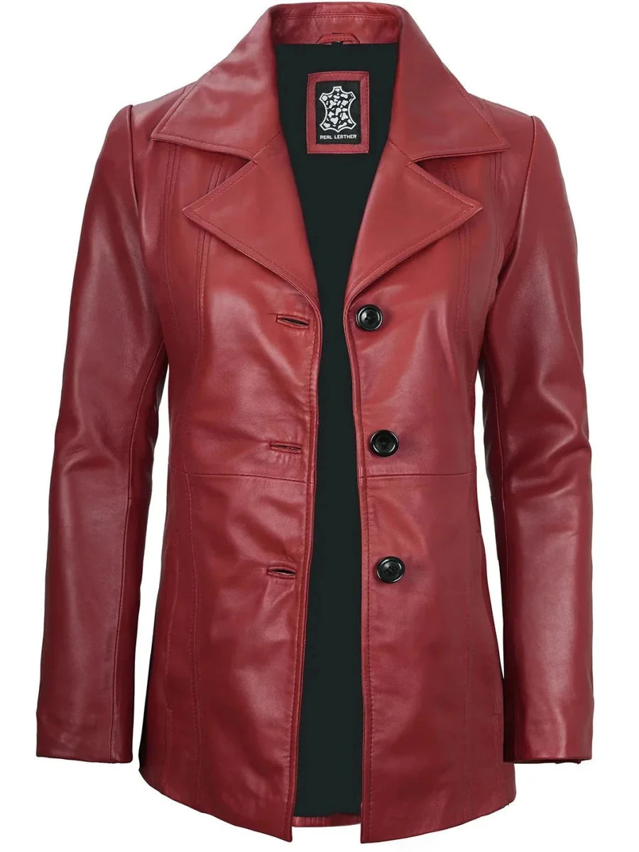 Women's Red Real Leather Blazer Jacket - Vox Leather