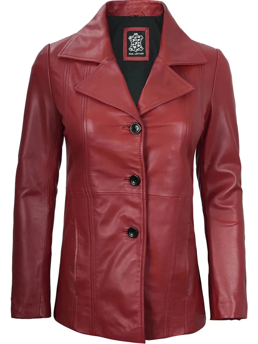 Women's Red Real Leather Blazer Jacket - Vox Leather