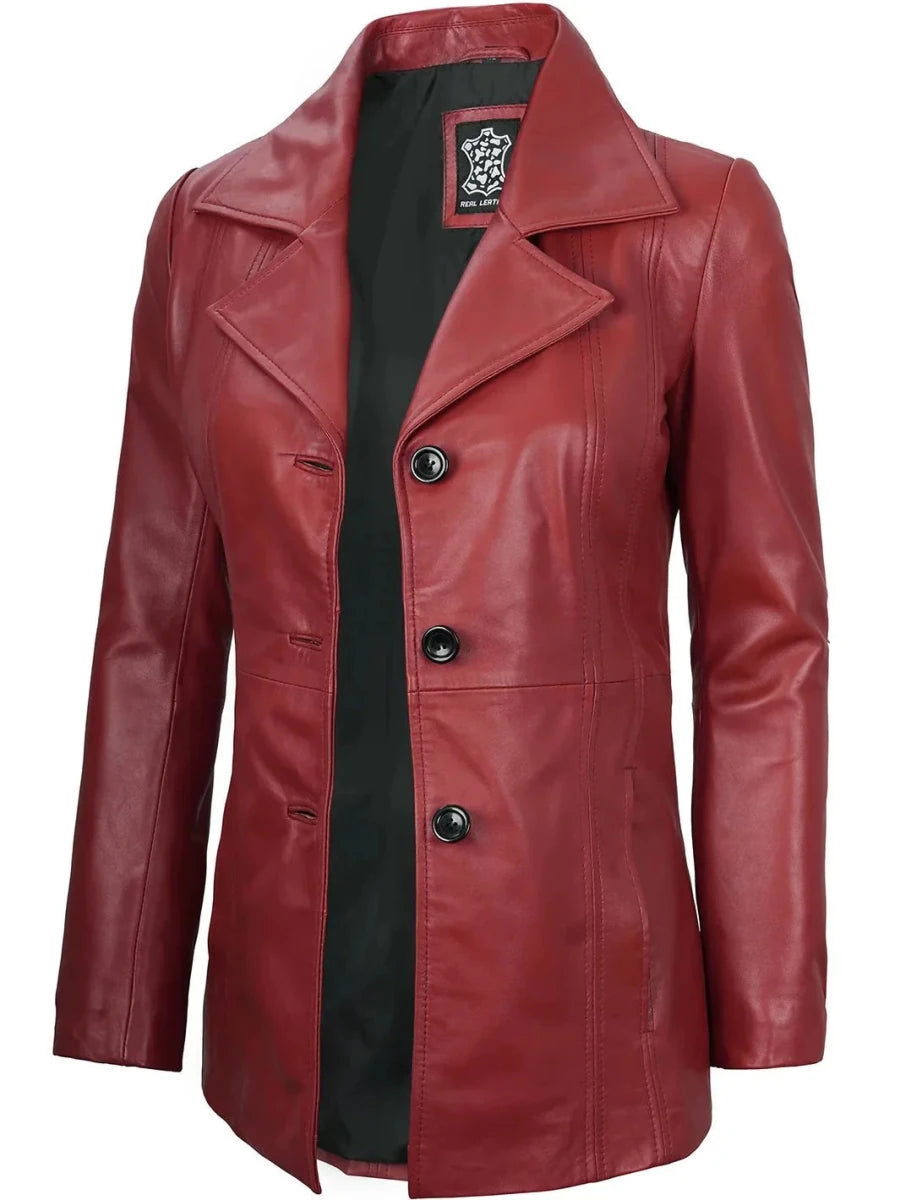 Women's Red Real Leather Blazer Jacket - Vox Leather
