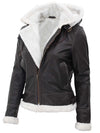 Womens Shearling Dark Brown Bomber Leather Jacket with Removable Hood - Rare Leather