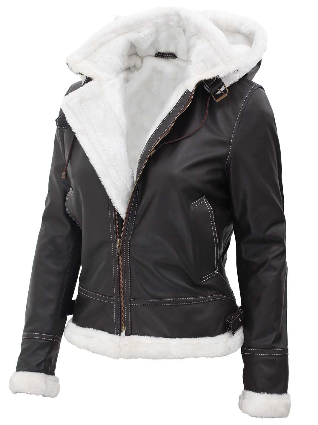 Womens Shearling Dark Brown Bomber Leather Jacket with Removable Hood - Rare Leather