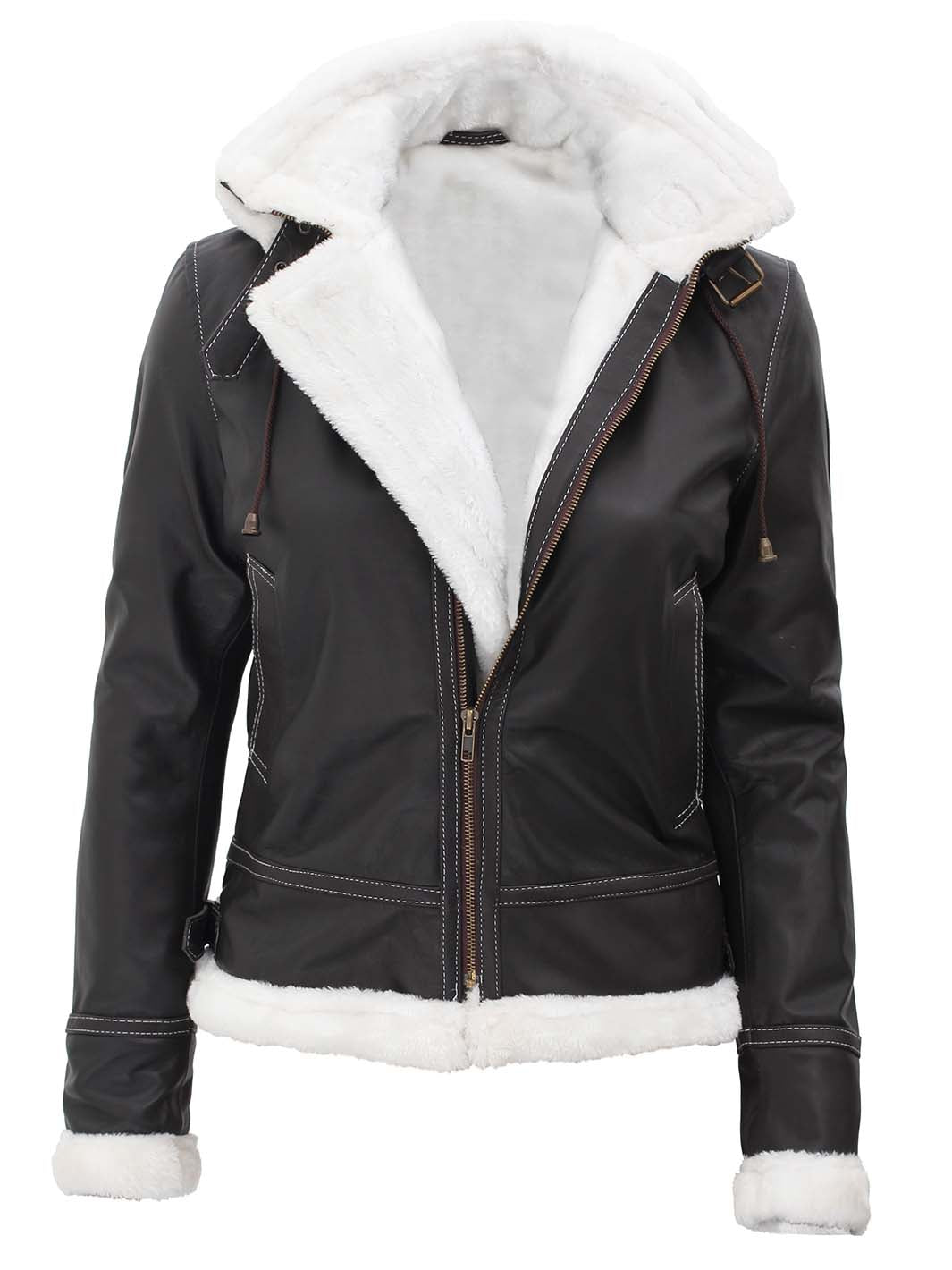 Womens Shearling Dark Brown Bomber Leather Jacket with Removable Hood - Rare Leather