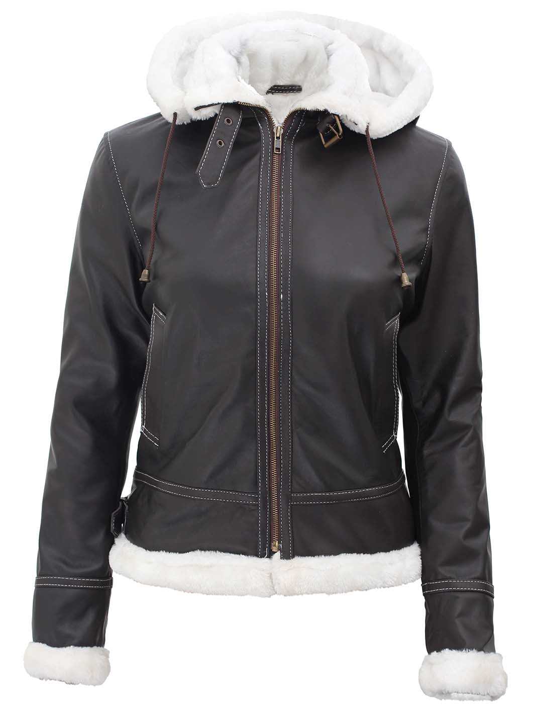 Womens Shearling Dark Brown Bomber Leather Jacket with Removable Hood - Rare Leather