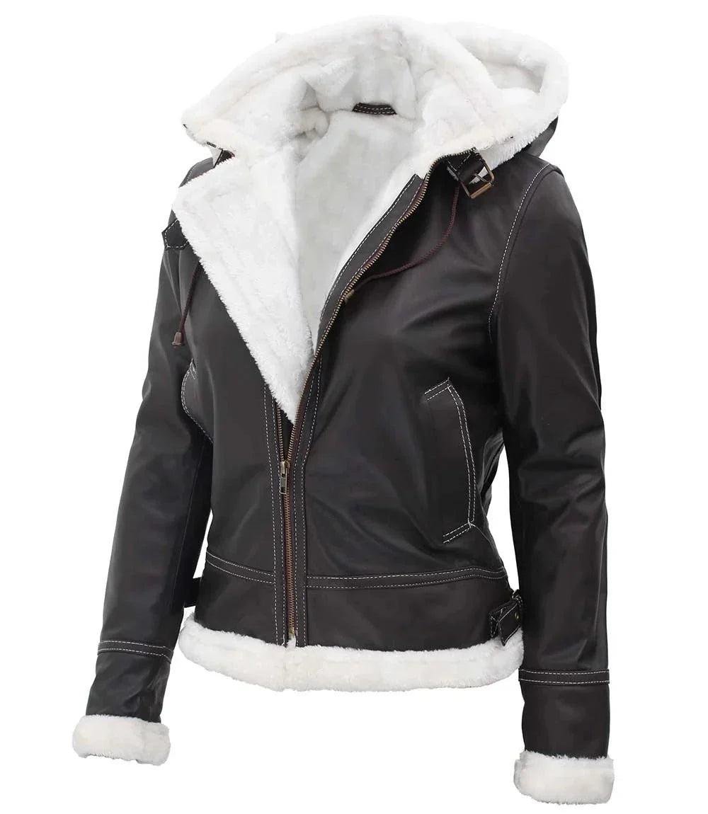 Womens Shearling Dark Brown Bomber Leather Jacket with Removable Hood - Rare Leather