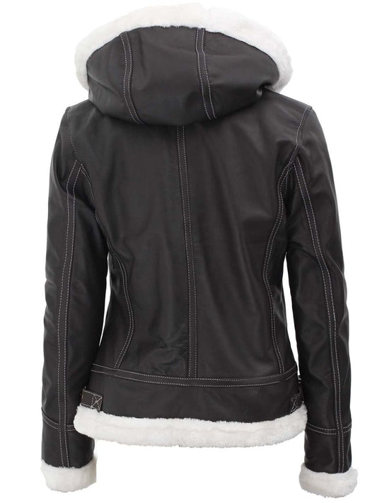 Womens Shearling Dark Brown Bomber Leather Jacket with Removable Hood - Vox Leather