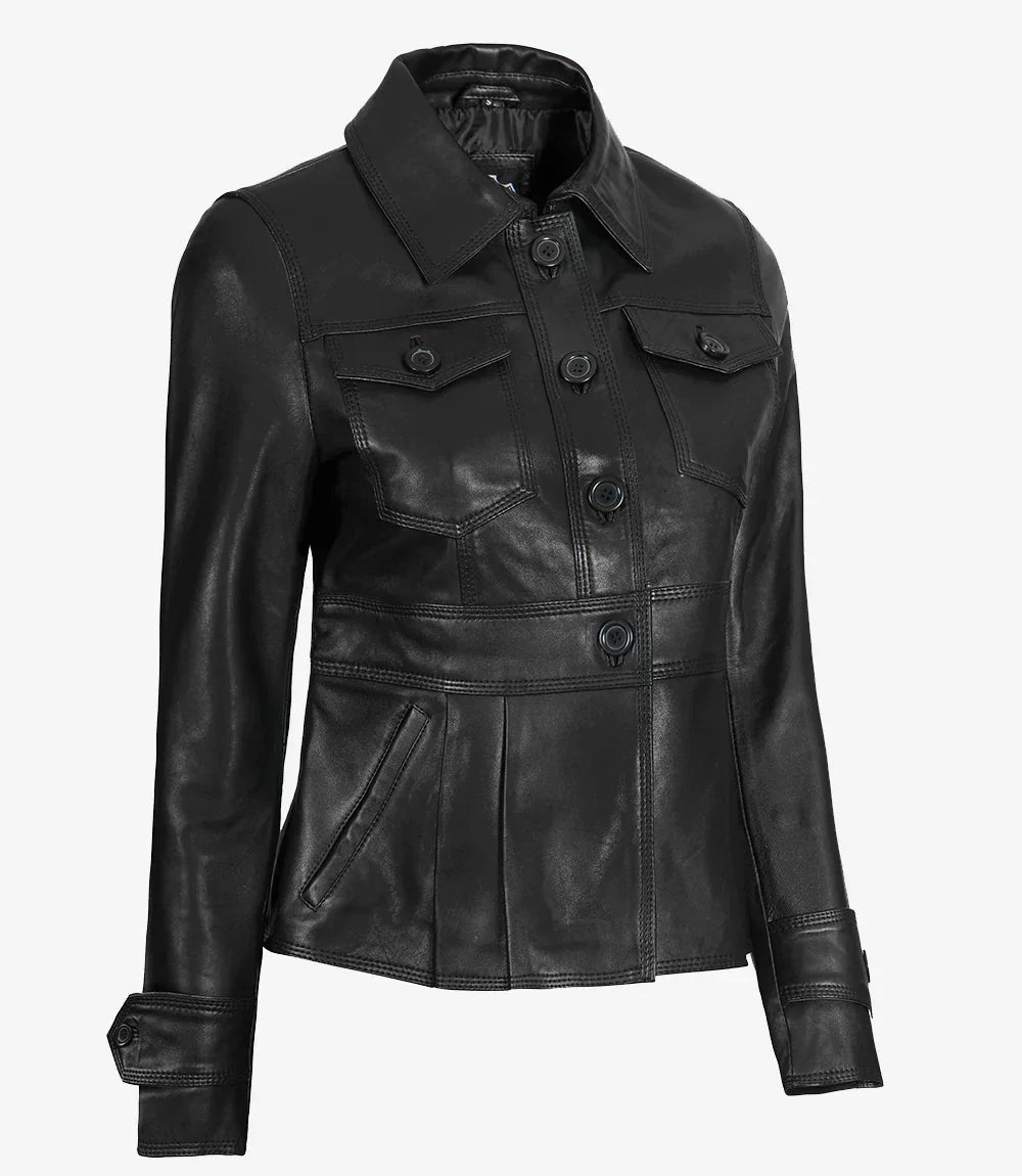 Women’s Short Body Black Peplum Leather Jacket - Rare Leather