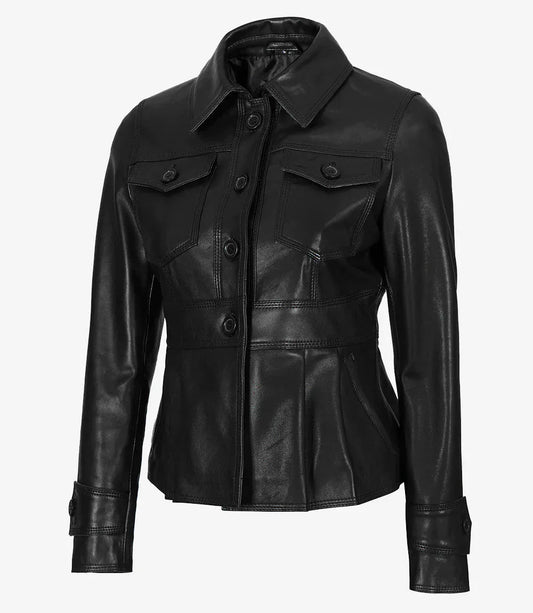 Women’s Short Body Black Peplum Leather Jacket - Vox Leather