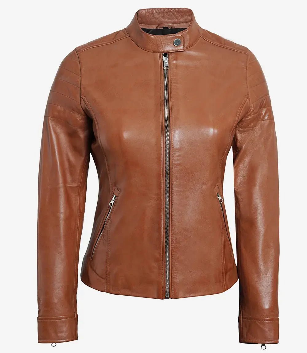 Womens Tan Brown Cafe Racer Leather Jacket - Vox Leather