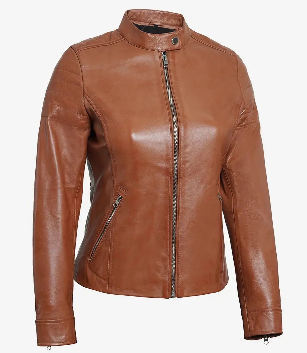 Womens Tan Brown Cafe Racer Leather Jacket - Vox Leather