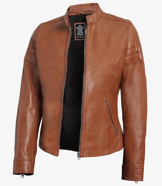 Womens Tan Brown Cafe Racer Leather Jacket - Vox Leather