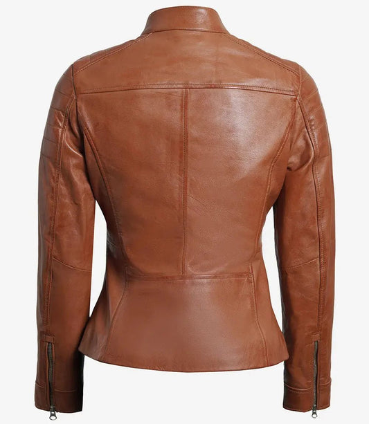 Womens Tan Brown Cafe Racer Leather Jacket - Vox Leather