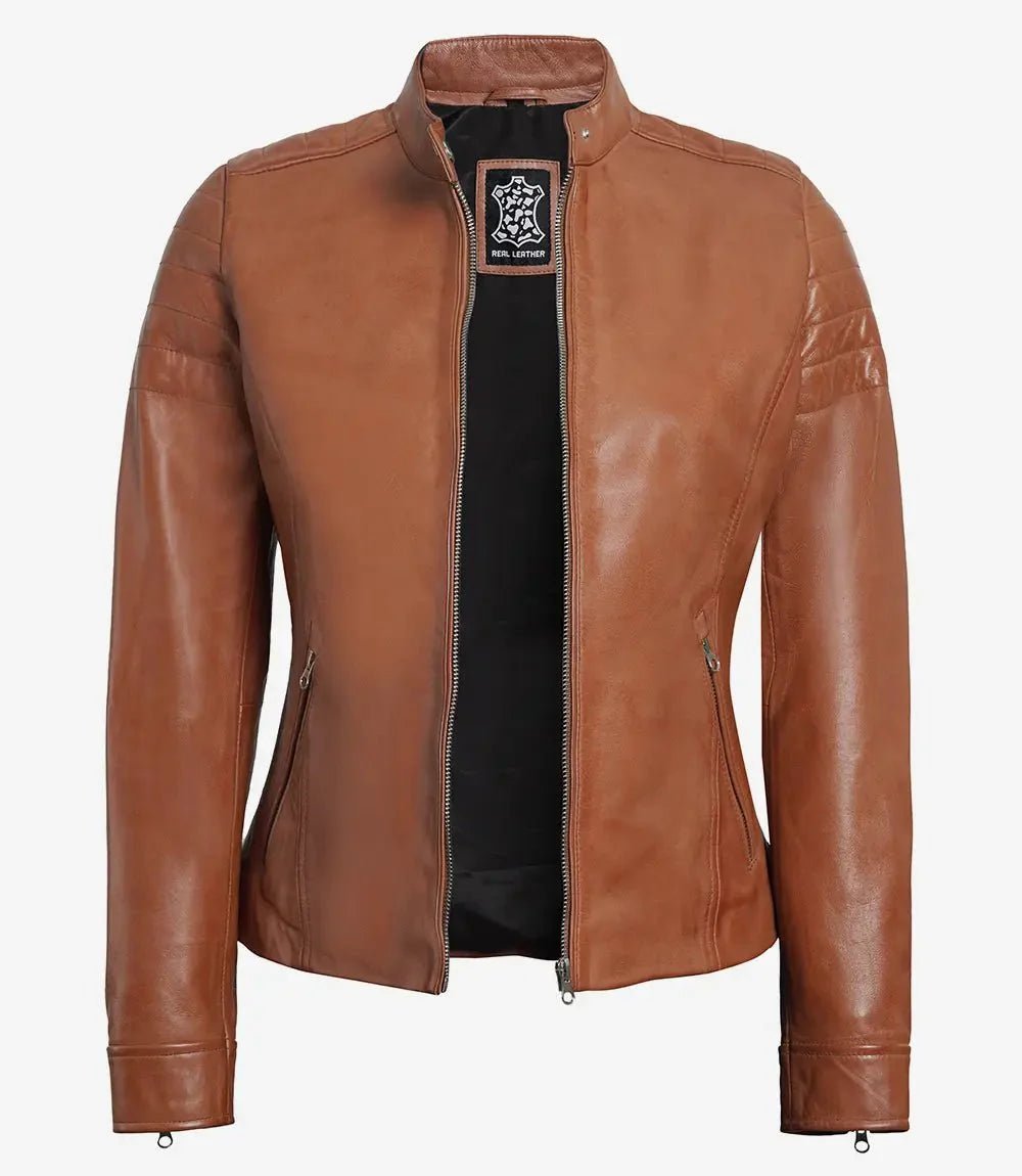 Womens Tan Brown Cafe Racer Leather Jacket - Vox Leather