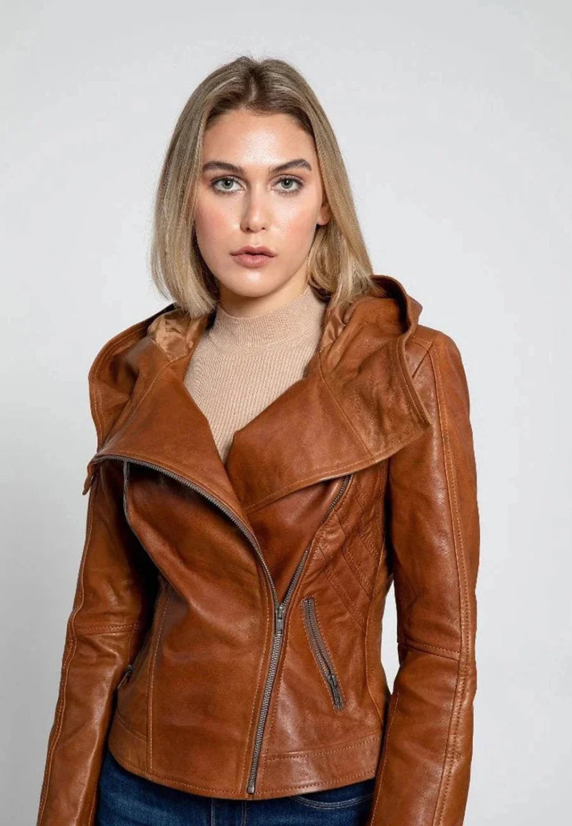 Women’s Tan Brown Leather Hooded Biker Jacket - Vox Leather