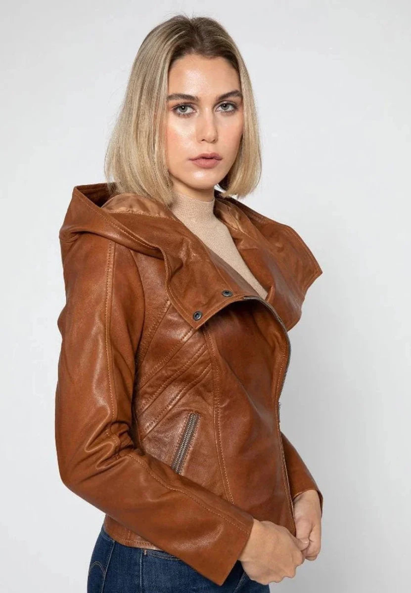 Women’s Tan Brown Leather Hooded Biker Jacket - Vox Leather