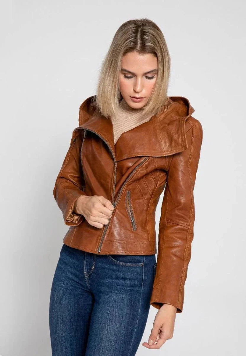 Women’s Tan Brown Leather Hooded Biker Jacket - Vox Leather