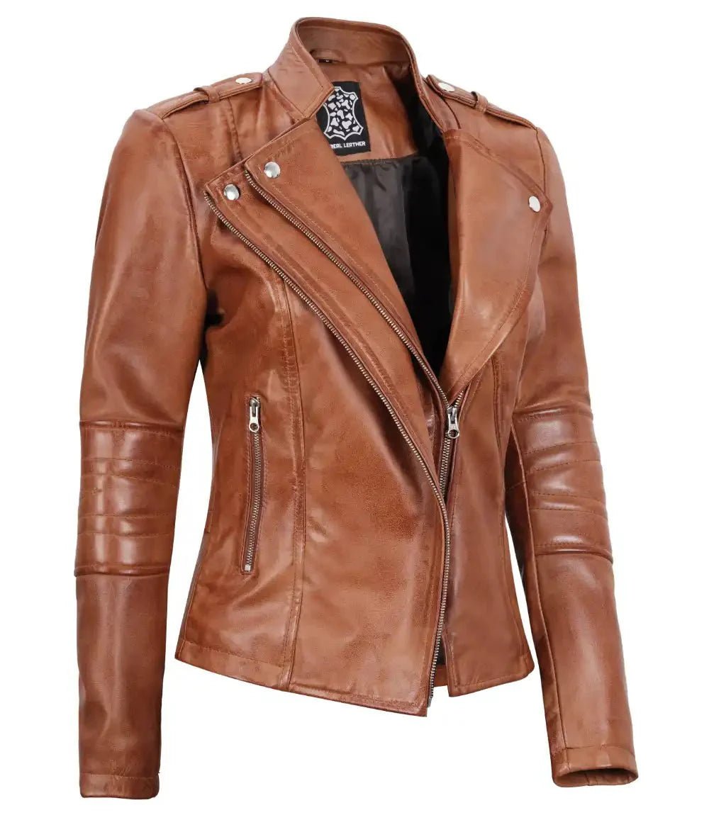 Women's Tan Brown Leather Motorcycle Jacket - Vox Leather