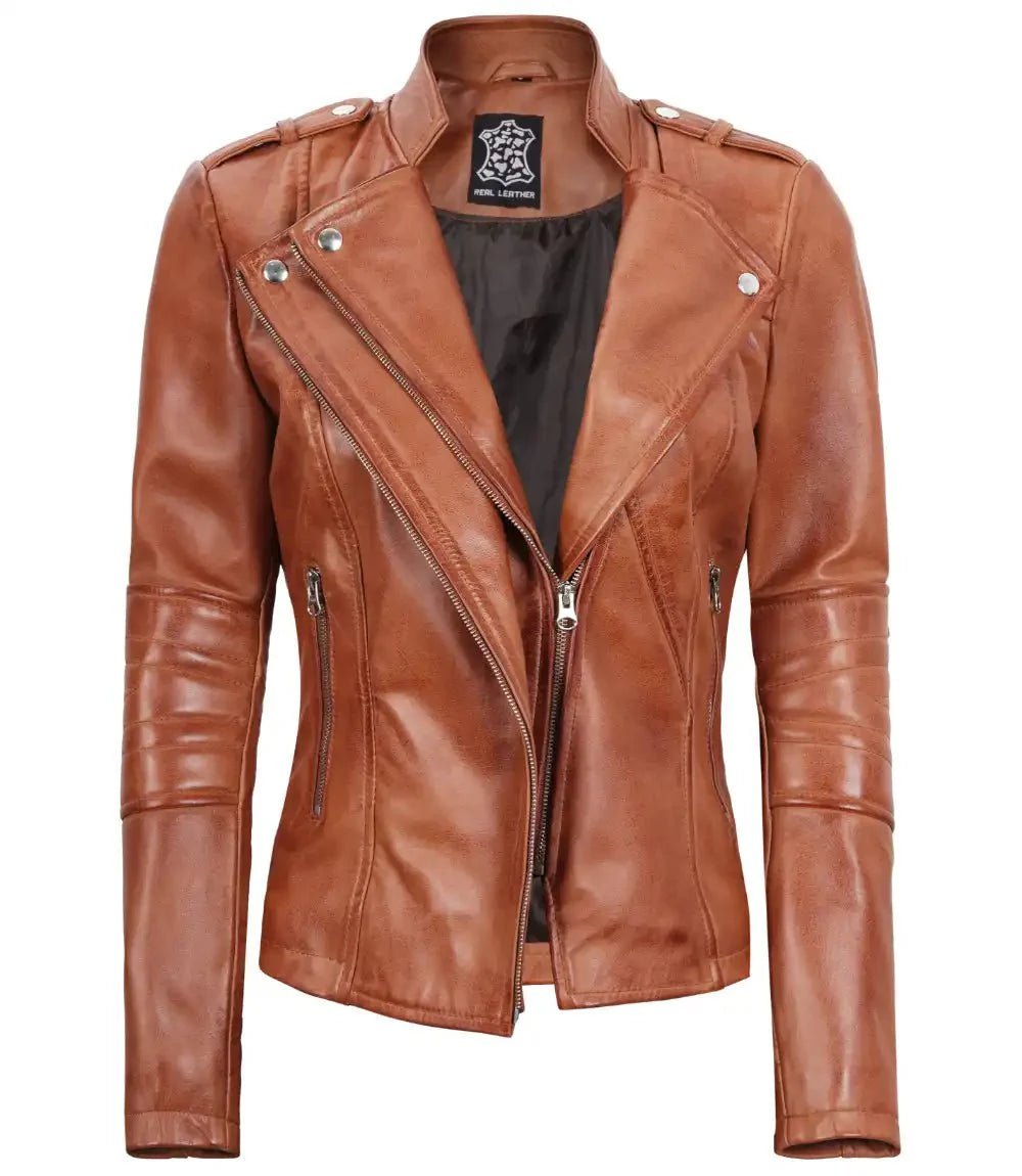 Women's Tan Brown Leather Motorcycle Jacket - Vox Leather