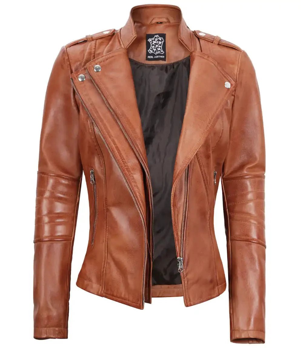 Women's Tan Brown Leather Motorcycle Jacket - Vox Leather