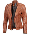 Women's Tan Brown Leather Motorcycle Jacket - Vox Leather