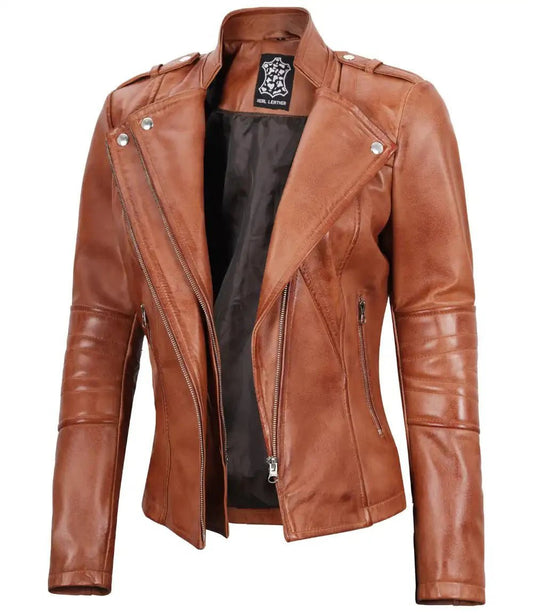 Women's Tan Brown Leather Motorcycle Jacket - Vox Leather