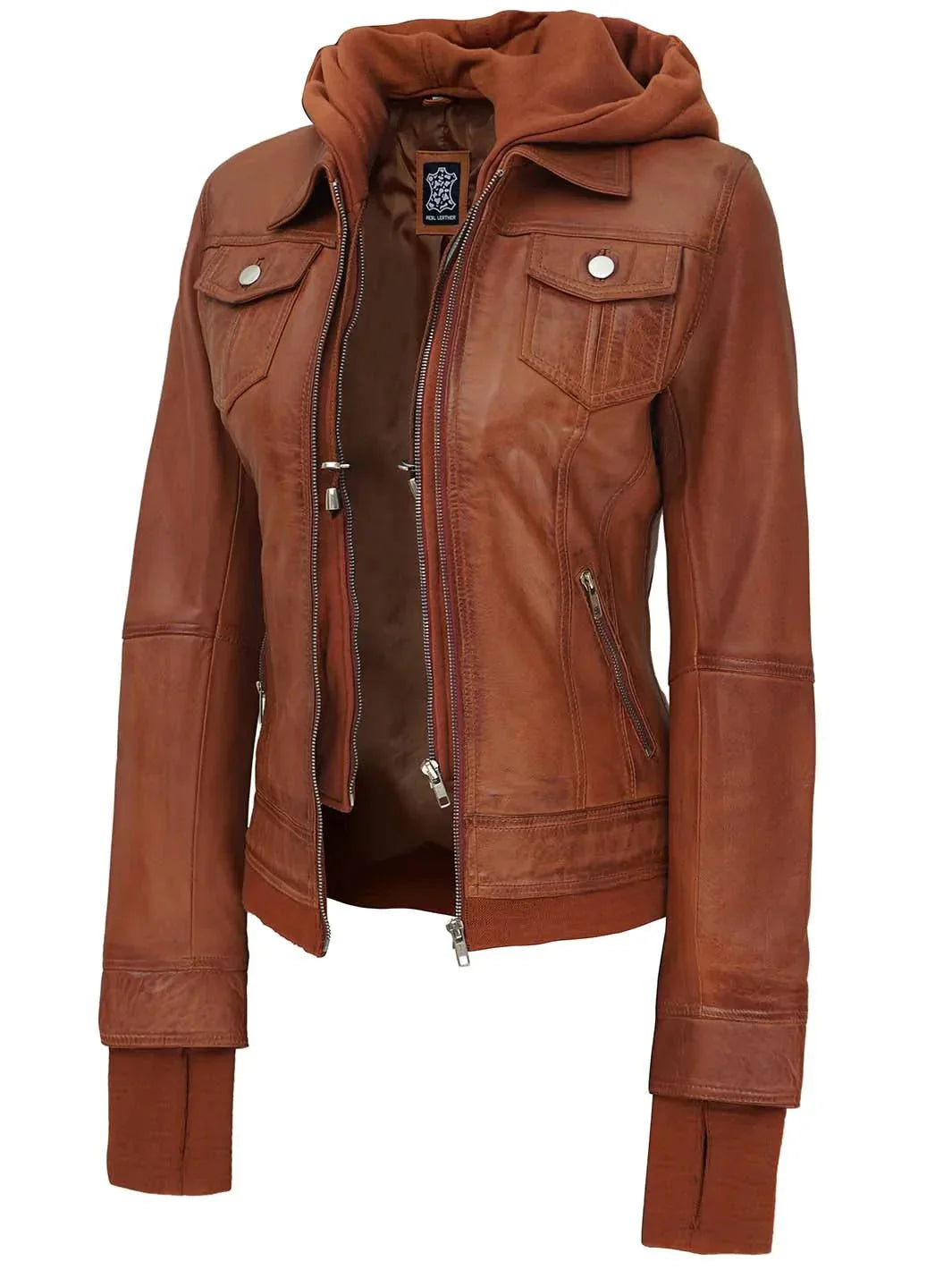 Womens Tan Wax Bomber Leather Jacket With Hood - Rare Leather