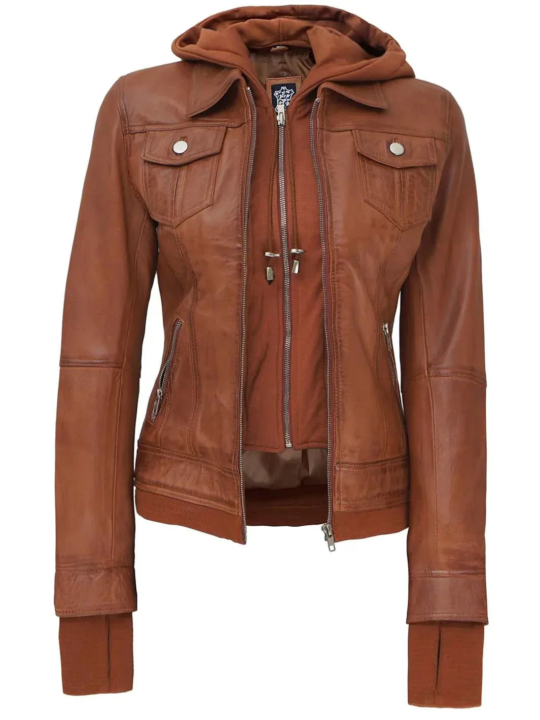 Womens Tan Wax Bomber Leather Jacket With Hood - Rare Leather