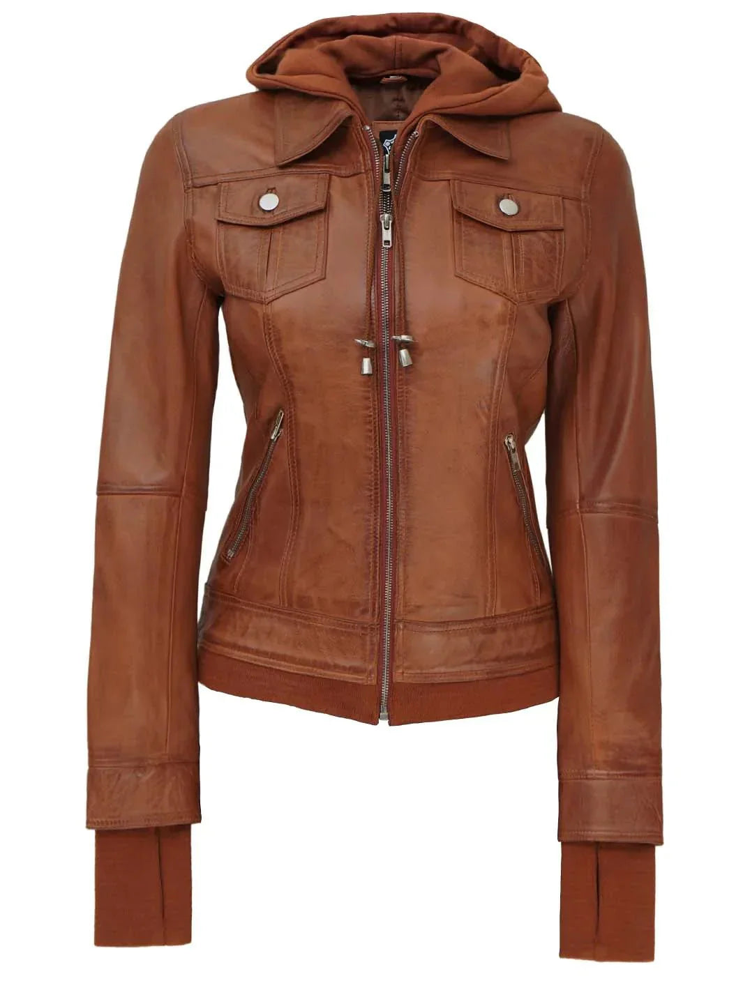 Womens Tan Wax Bomber Leather Jacket With Hood - Rare Leather