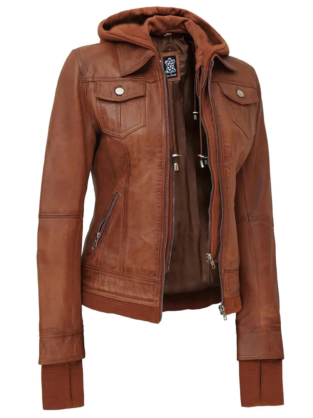 Womens Tan Wax Bomber Leather Jacket With Hood - Rare Leather