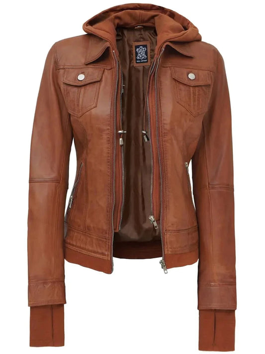 Womens Tan Wax Bomber Leather Jacket With Hood - Vox Leather