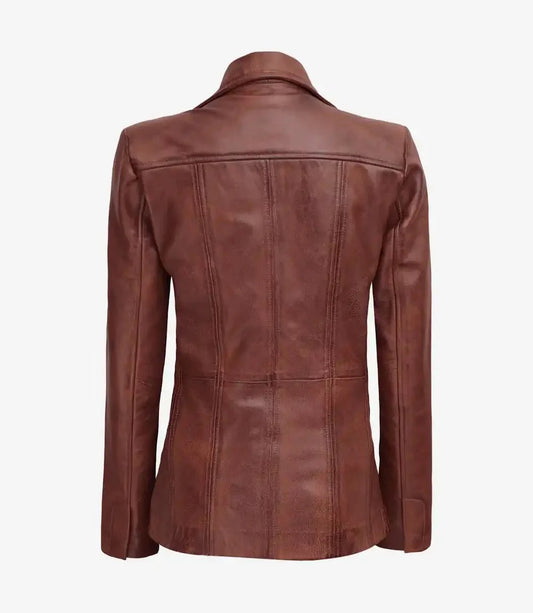 Womens Three Button Cognac Brown Leather Blazer - Rare Leather