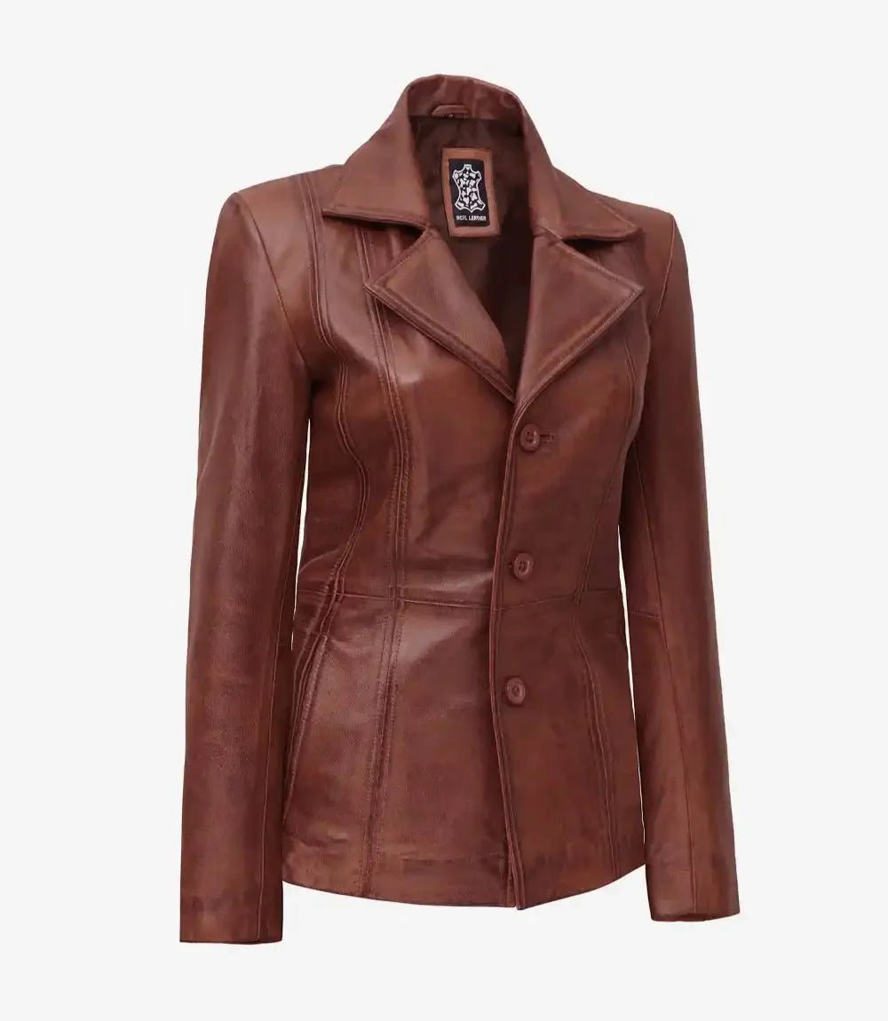 Womens Three Button Cognac Brown Leather Blazer - Vox Leather