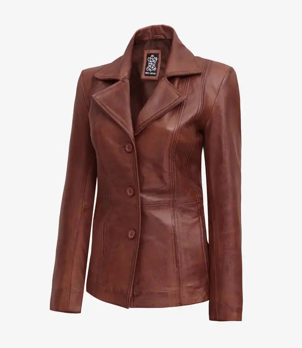 Womens Three Button Cognac Brown Leather Blazer - Vox Leather