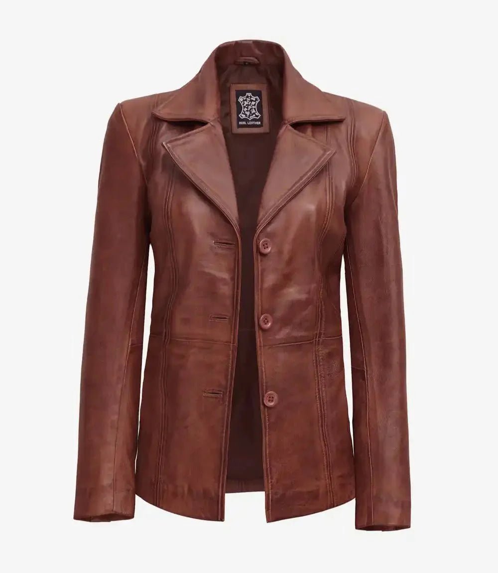 Womens Three Button Cognac Brown Leather Blazer - Vox Leather